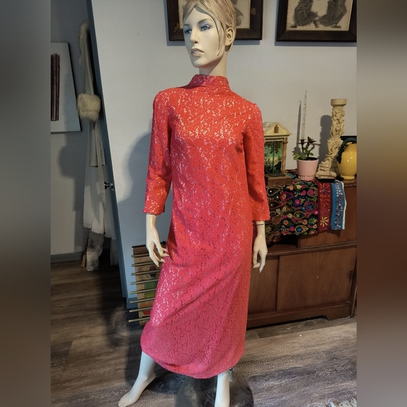 Vintage Red Floral Lace Caftan Hostess Dress Small/Medium Maxi Dress - Picture 1 of 10